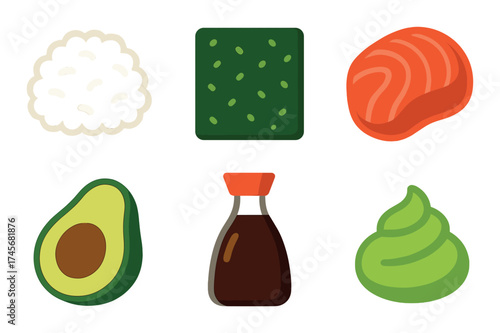 Illustrated sushi ingredients: rice, seaweed, salmon, avocado, soy sauce, wasabi