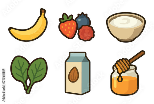 Healthy breakfast ingredients: banana, berries, yogurt, spinach, almond milk, honey