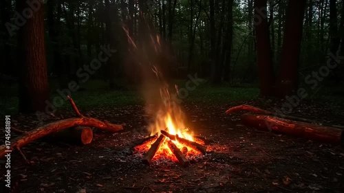 Campfire in Forest at Dusk with Logs Nearby