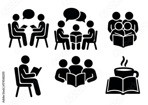 Silhouette icons of reading and discussion activities with books and coffee