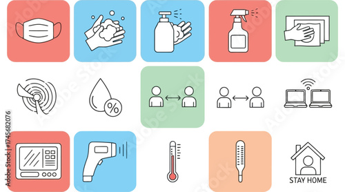Vector art of collection of coronavirus safety measures and prevention icons