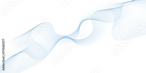 Abstract blue smooth wave on a white background. Dynamic sound wave. Design element. Vector illustration.  Undulate Grey Wave Swirl, frequency sound wave, twisted curve lines with blend effect.