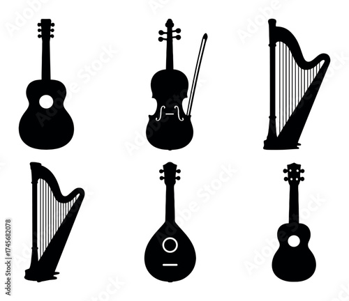 Silhouette collection of string instruments including guitar, violin, harp, mandolin