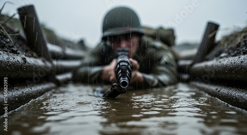 Soldier in a muddy trench aims a rifle in the rain