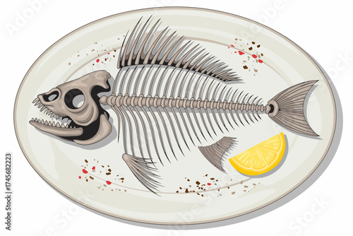 Fish Bone Remains on Plate with Lemon Slice Artistic Food Illustration Aftermath Seafood Dish Meal Concept