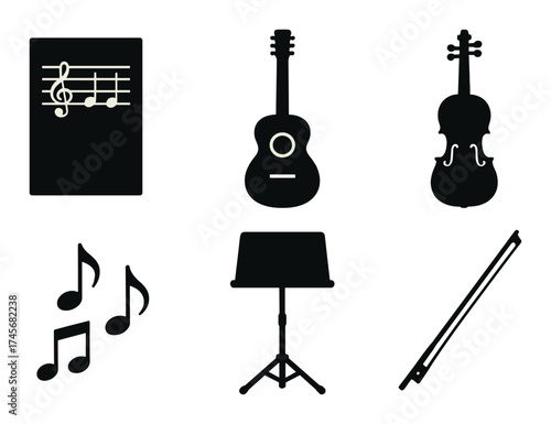 Musical instruments and notes silhouettes on brown background