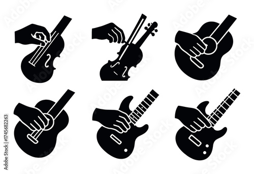 Silhouettes of hands playing various string instruments on dark background
