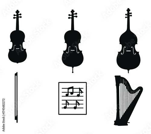 Silhouetted orchestra instruments featuring violin, harp, and musical notes