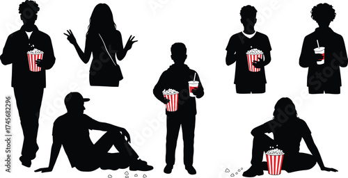 Silhouette people eating popcorn, drinking soda, cinema snack concept, movie night entertainment, black figures with red striped popcorn buckets, isolated background