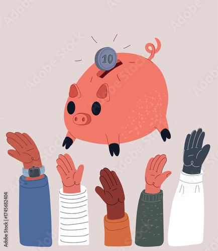 Cartoon vector illustration of people raising hands toward a piggy bank above the crowd as a metaphor for shared goals, saving, and collective aspiration