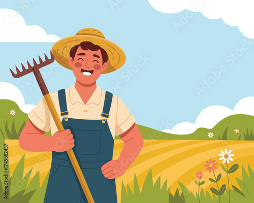 Cheerful farmer in straw hat holding rake in sunny field, vector illustration