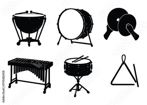 Silhouette of percussion instruments including drums, cymbals, and xylophone
