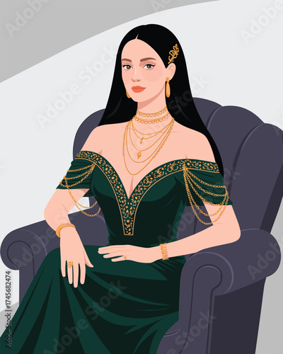 Elegant Woman in Emerald Gown with Ornate Gold Jewelry Seated
