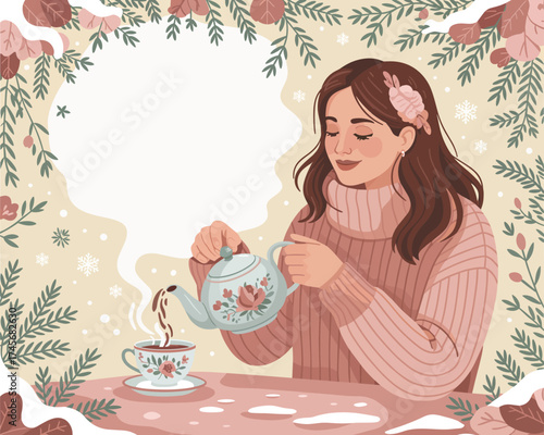 Cozy Winter Scene Woman Enjoying a Warm Cup of Tea