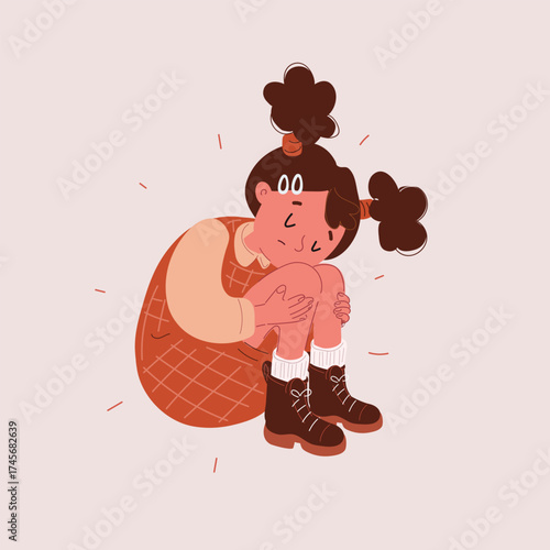 Cartoon vector illustration of a sad girl sitting with her knees hugged as a metaphor for loneliness, anxiety, and emotional vulnerability