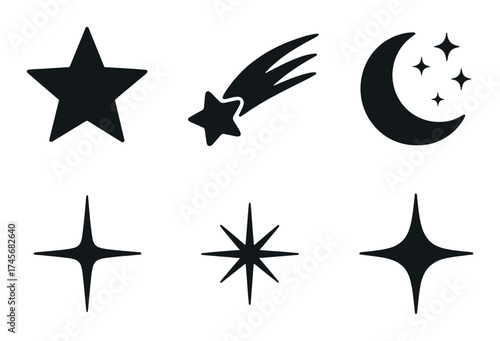 Black silhouettes of stars, comet, moon, and celestial symbols on dark background
