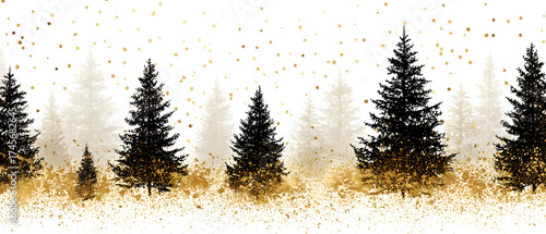 Black Silhouette Christmas Tree Forest with Gold Glitter Snow on a Clean White Winter Background