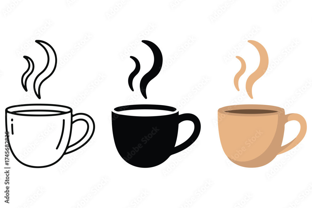 Obraz premium Three coffee cups hot beverage steam different styles outline silhouette color drawing silhouette