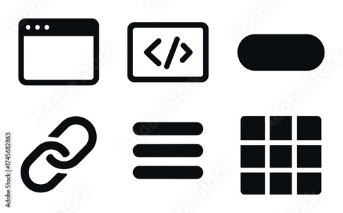 Dark ui icon set featuring code, browser, and menu symbols on textured background