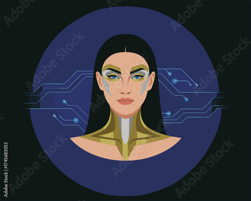 Futuristic Woman with Cybernetic Enhancements and Digital Circuitry Background