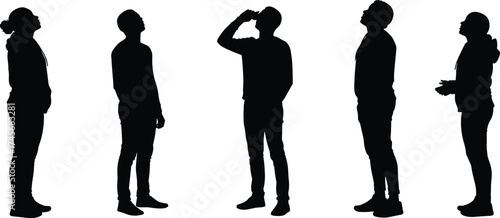 Silhouette people standing, human body posture, casual lifestyle, observing sky, gesture illustration, character design, body language, vector art, black white contrast