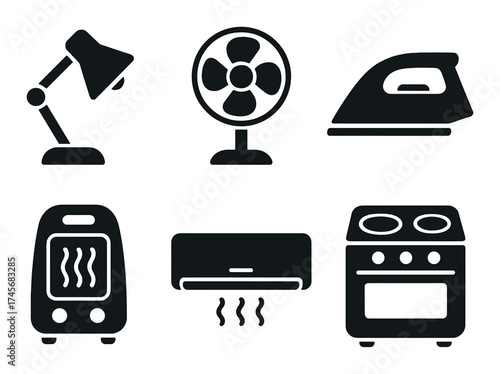 Black silhouette icons of home appliances on dark background