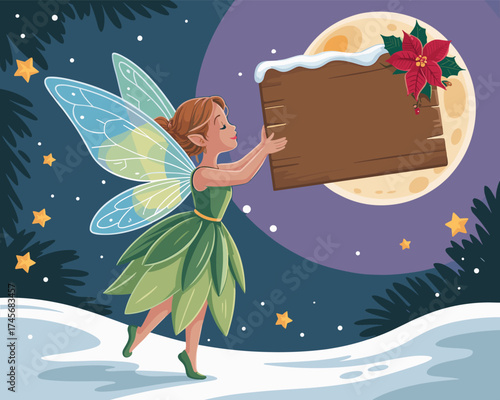 Whimsical Fairy Holding a Blank Wooden Sign with a Moonlit Winter Scene
