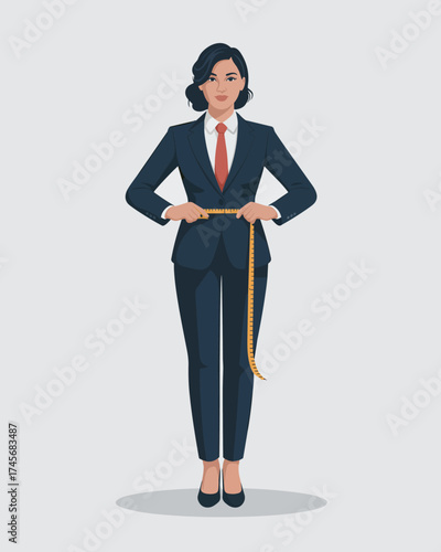 Woman in Suit Measuring Waist with Tape Measure - Fashion Fit Illustration