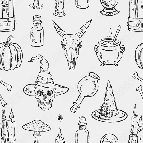 Hand drawn Halloween seamless pattern. Vector sketch illustration in vintage crayon charcoal style. Seamless design with skulls, cauldron, pumpkin, potions, candles, spider, and witchcraft