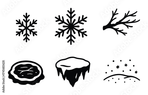 Set of winter icons featuring snowflake, icicle, and frosty designs on dark background