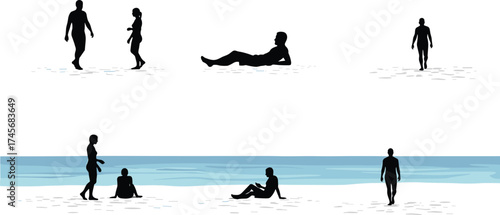 Silhouette people on beach, walking, sitting, relaxing, ocean waves background, summer vacation concept, seaside leisure activity, coastal lifestyle, outdoor recreation, horizon