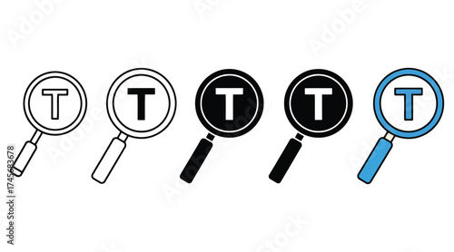 Vector art of magnifying glass with letter t inside for search and investigation