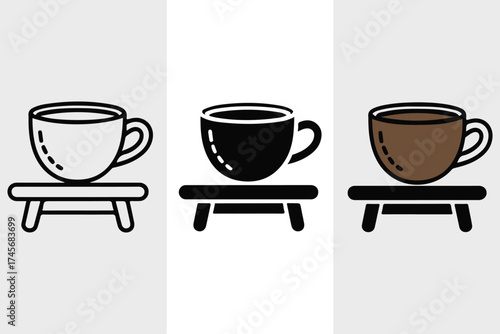 Three coffee cups on stands featuring different styles and colors ideal for morning beverage icons silhouette
