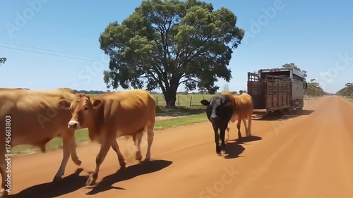 Cattle Moving Along Dirt Road Near Green Trees