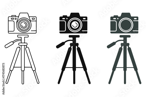 Three camera icons on tripods line art silhouette minimalist photography equipment graphic silhouette