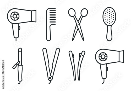 Silhouette of hair styling tools: hairdryer, comb, scissors, brush, and curling iron