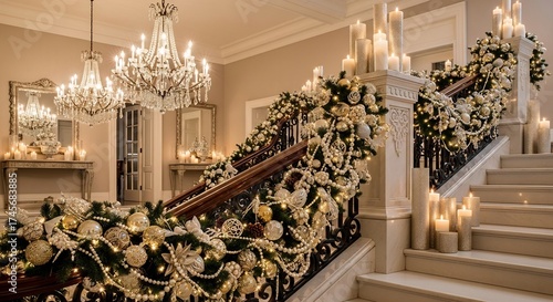 Opulent stairway adorned with Christmas garland orbs beads and ambient candle lighting