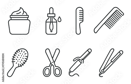 Hair care tool icons: jar, dropper, combs, brush, scissors, curling iron, straightener
