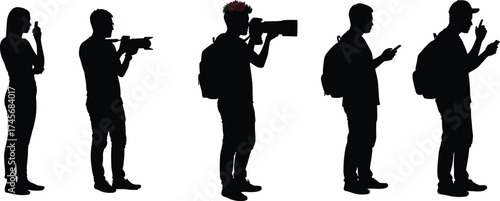 Silhouette people using smartphone and camera, modern photography technology, mobile communication, professional photographer, digital lifestyle, gadget interaction, media capture illustration