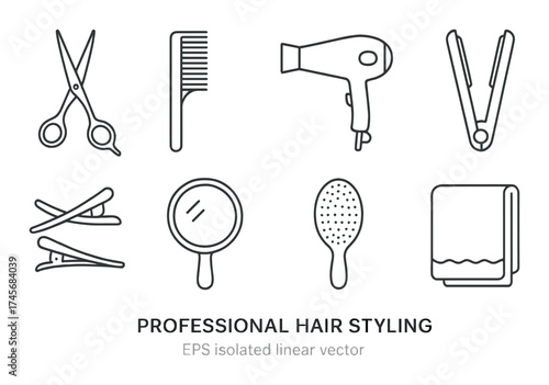 Hair styling tools illustration with scissors, comb, dryer, and mirror