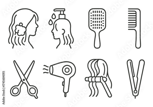 Hair care icons featuring tools and hygiene elements in monochrome design