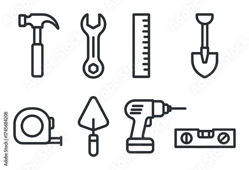 Black outline icons of hand tools on grayscale background