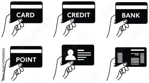 Vector art of hand holding various payment cards, including credit, bank, and point cards