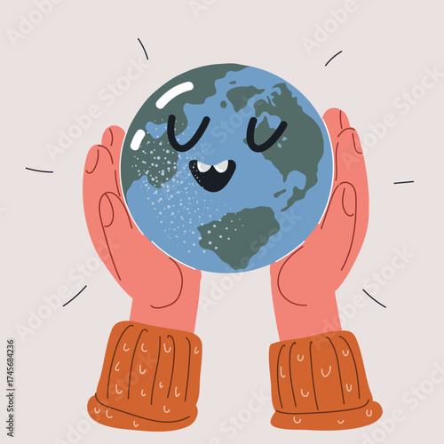 Cartoon vector illustration of a smiling globe held in hands as a metaphor for global unity, care, and optimism
