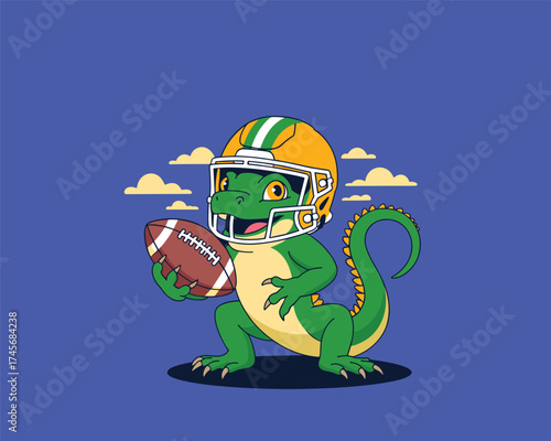 Cute cartoon dinosaur in American football gear holding a ball
