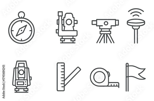Surveying equipment icons: compass, theodolite, tripod, antenna, ruler, tape, flag