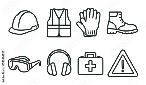 Essential safety gear icons: helmet, vest, gloves, boots, goggles, headphones, first aid, warning