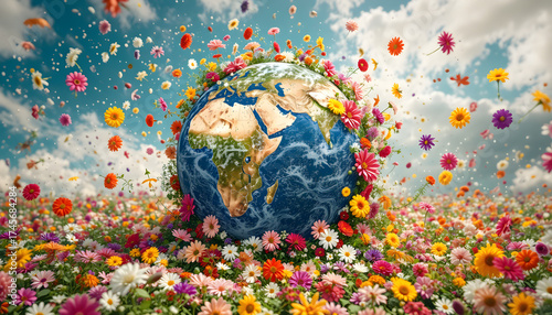 A colorful flower field surrounds a globe