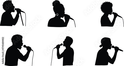 Silhouette singers with microphones, music performance concept, vocal artists in concert, black figures isolated on white background, entertainment, singing, stage show