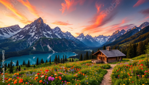 A beautiful mountain landscape with a cabin in the foreground